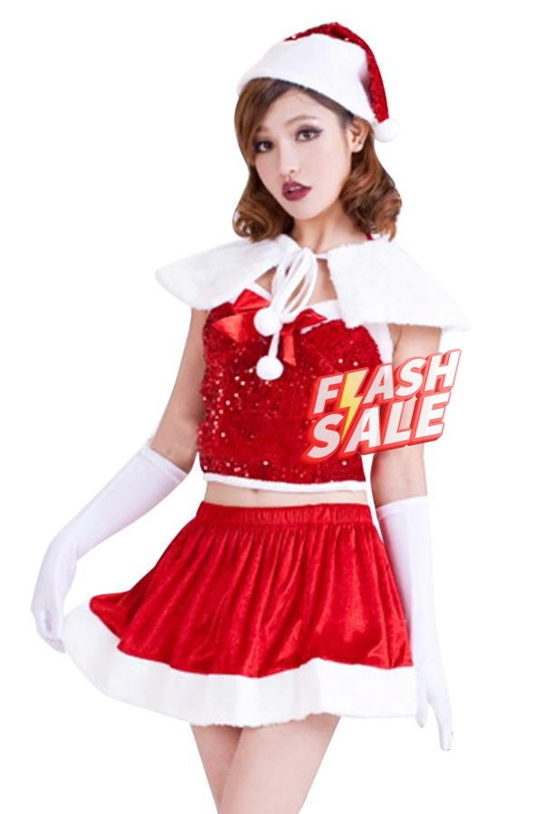 Womens Sexy Sequin Bow Shawl Off Shoulder Christmas Santa Costume Red