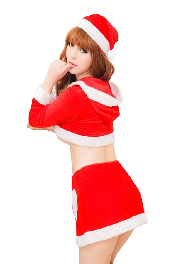 Womens Sexy Hooded Long Sleeve Crop Top Christmas Santa Costume Red