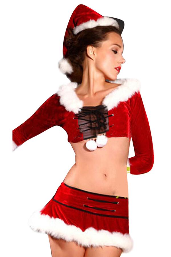 Womens Chic Lace Up Mesh Fur Venonat Christmas Santa Costume Red