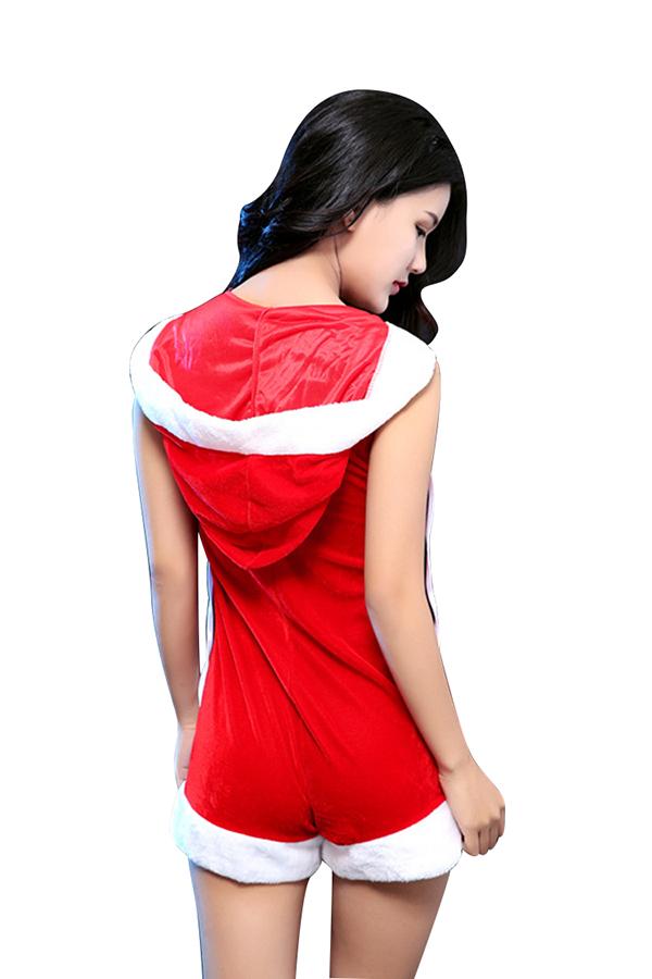 Womens Sexy Hooded V-Neck Cut Out Romper Christmas Santa Costume Red