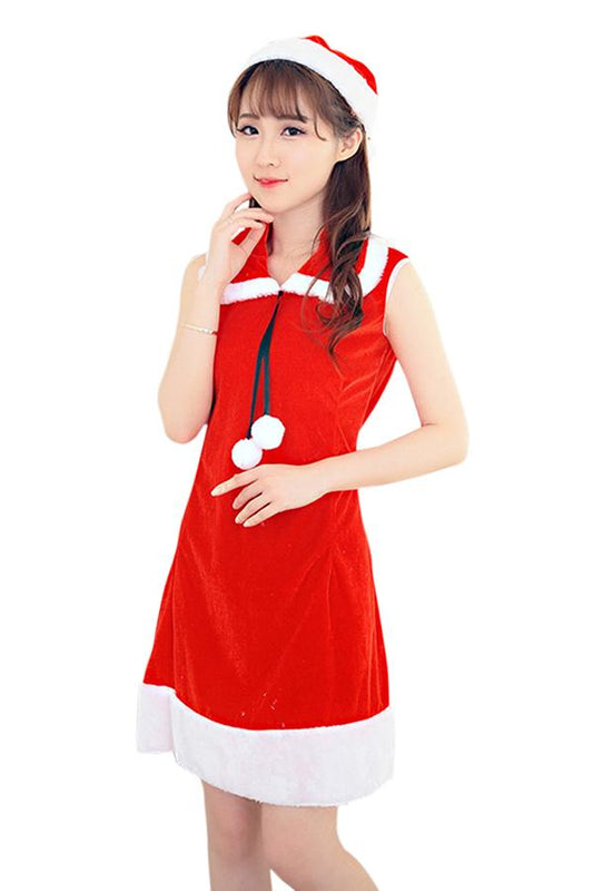 Womens Cute Fur Ball Sleeveless Christmas Santa Costume Red