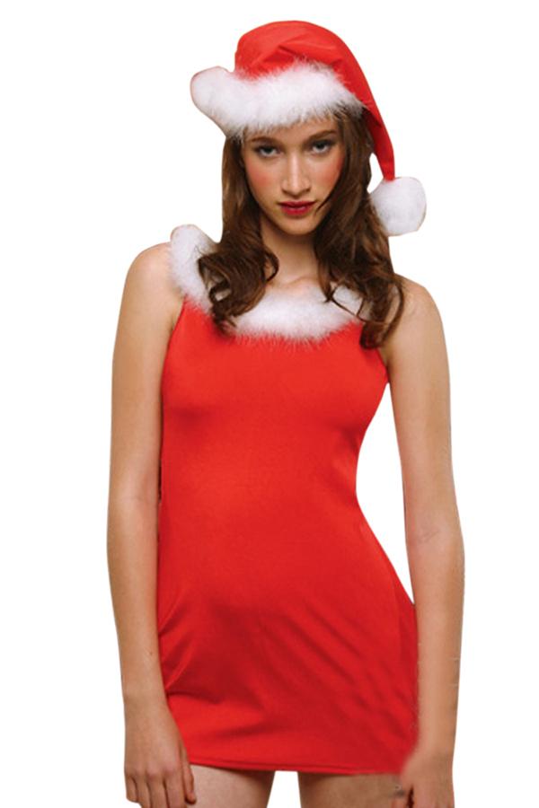 Womens Sexy Fur Trim Sleeveless Hat Christmas Santa Costume Red