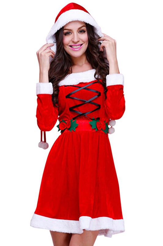 Womens Hooded Fur Trim Long Sleeve Lace Up Christmas Santa Costume Red