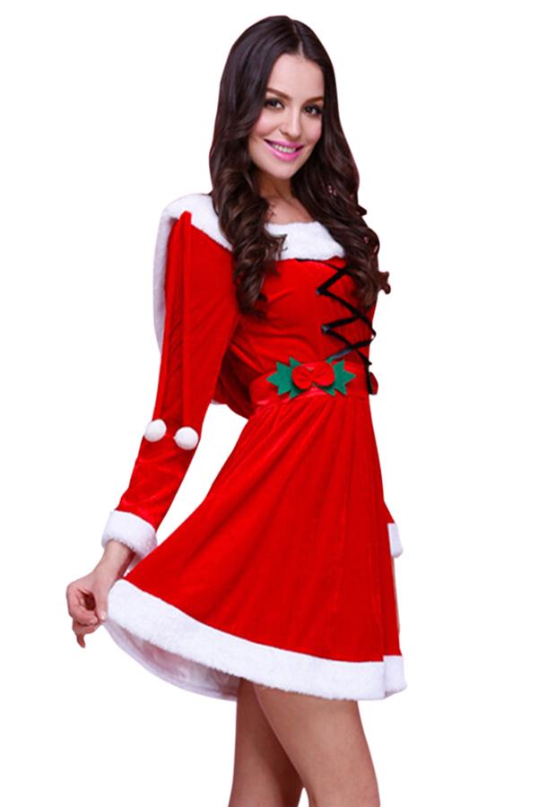 Womens Hooded Fur Trim Long Sleeve Lace Up Christmas Santa Costume Red