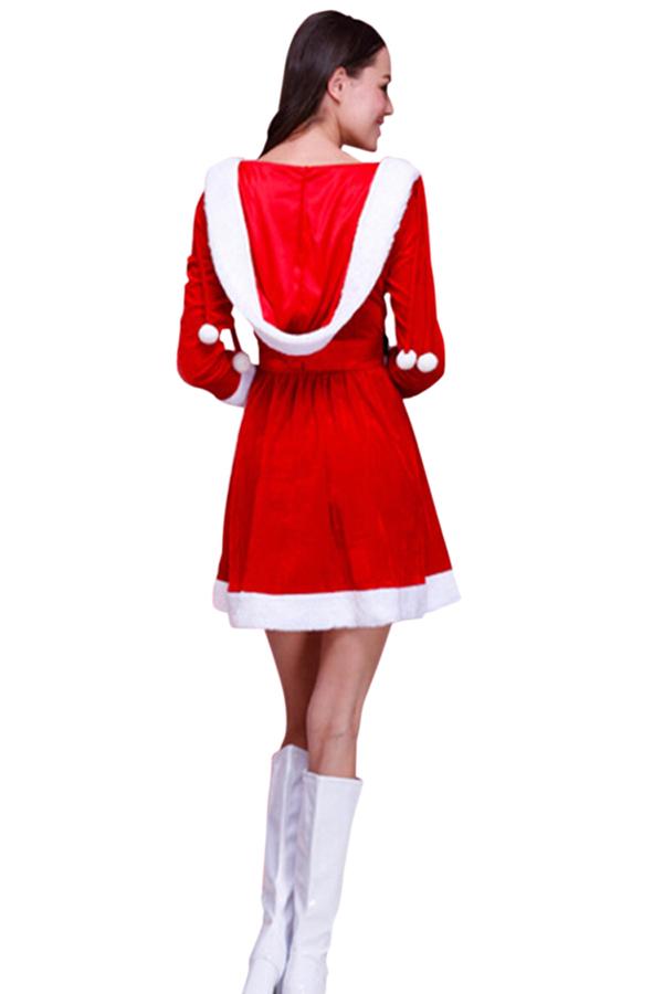 Womens Hooded Fur Trim Long Sleeve Lace Up Christmas Santa Costume Red