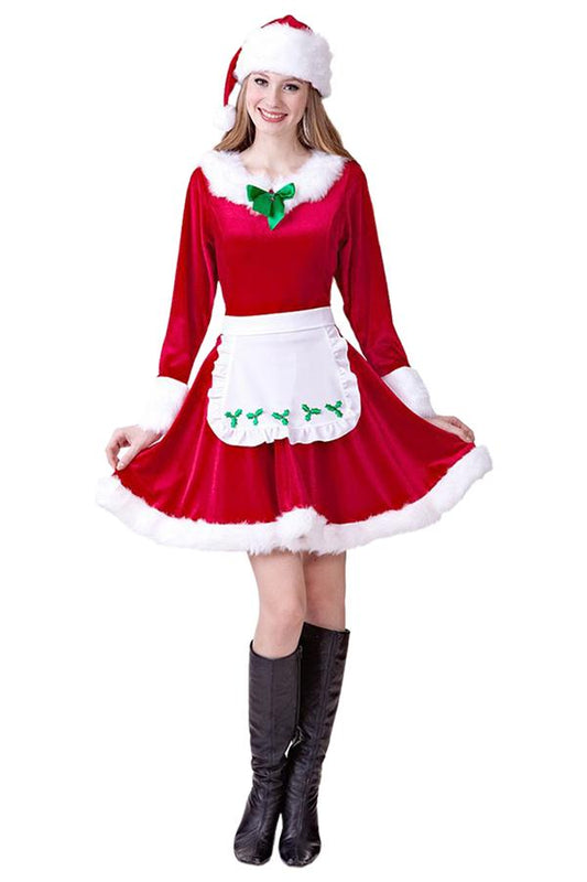 Womens Cute Fur Trim Bow Apron Mrs Claus Christmas Santa Costume Red