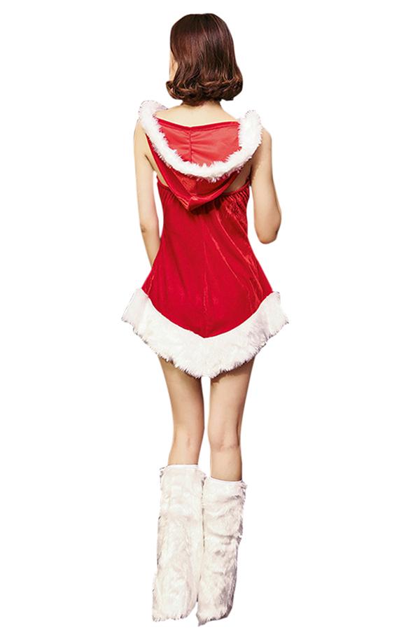 Womens Sexy Hooded Backless Tube Fur Trim Christmas Santa Costume Red