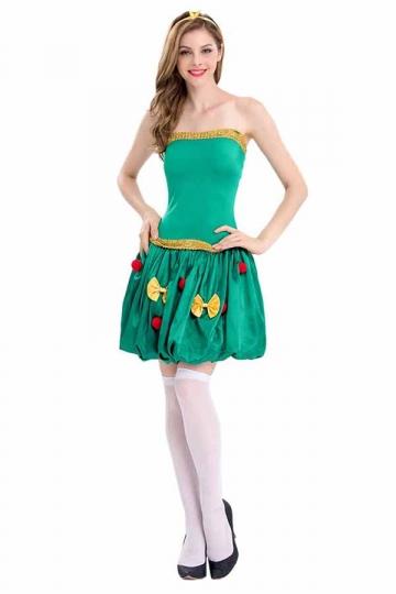 Womens Sexy Tube Dress Christmas Tree Santa Elf Costume Green