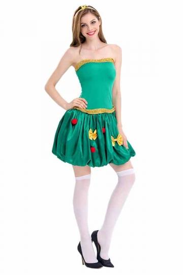 Womens Sexy Tube Dress Christmas Tree Santa Elf Costume Green