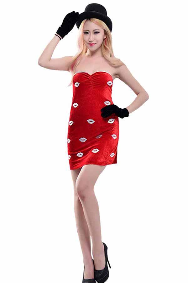 Womens Off Shoulder Lip Printed Cut Out Christmas Santa Costume Red