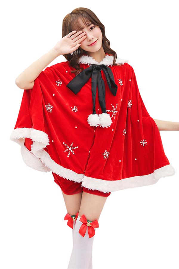 Womens Cute Bowknot Collar Hooded Cloak Santa Christmas Costume Red