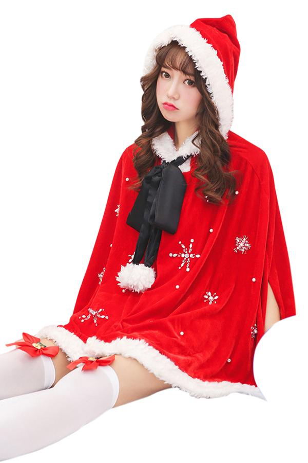 Womens Cute Bowknot Collar Hooded Cloak Santa Christmas Costume Red