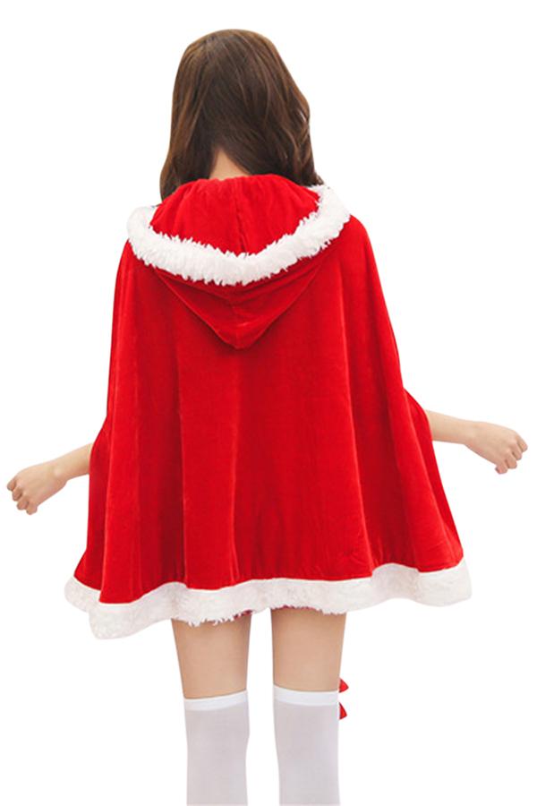 Womens Cute Bowknot Collar Hooded Cloak Santa Christmas Costume Red