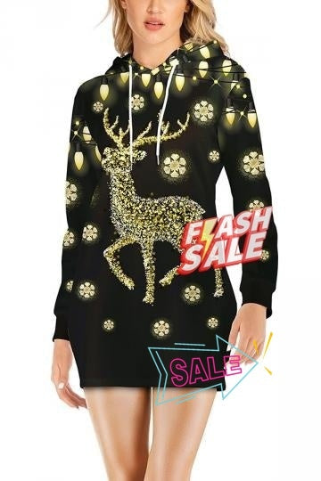 Womens Christmas Reindeer Dress Drawstring Gold