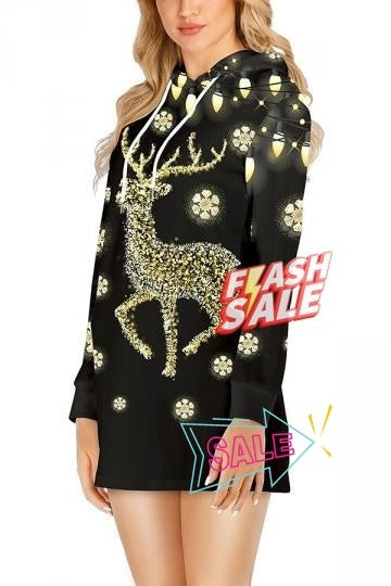 Womens Christmas Reindeer Dress Drawstring Gold