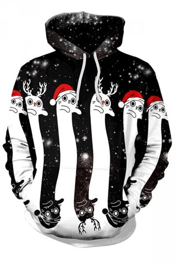 Womens Kangaroo Pocket Reindeer Printed Christmas Hoodie Dull Black