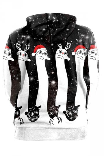 Womens Kangaroo Pocket Reindeer Printed Christmas Hoodie Dull Black