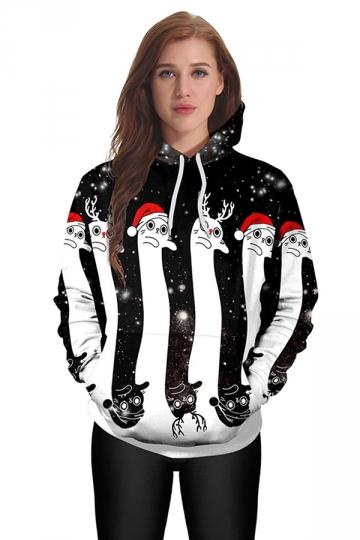 Womens Kangaroo Pocket Reindeer Printed Christmas Hoodie Dull Black