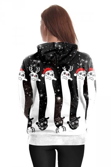 Womens Kangaroo Pocket Reindeer Printed Christmas Hoodie Dull Black