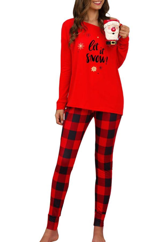 Womens Plaid Christmas Pajama Red Letter Print