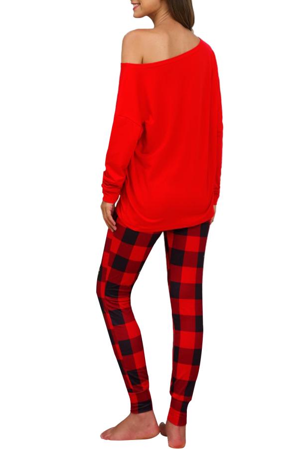 Womens Plaid Christmas Pajama Red Letter Print