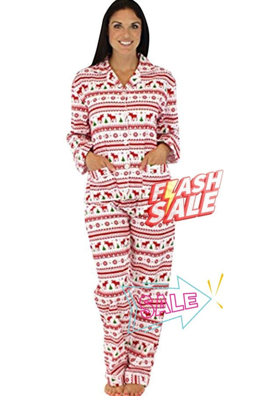 Womens Long Sleeve Reindeer Printed Two-piece Christmas Pajamas White