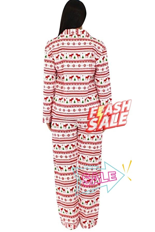 Womens Long Sleeve Reindeer Printed Two-piece Christmas Pajamas White