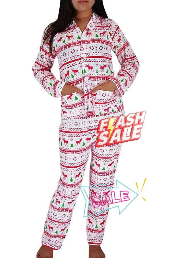 Womens Long Sleeve Reindeer Printed Two-piece Christmas Pajamas White