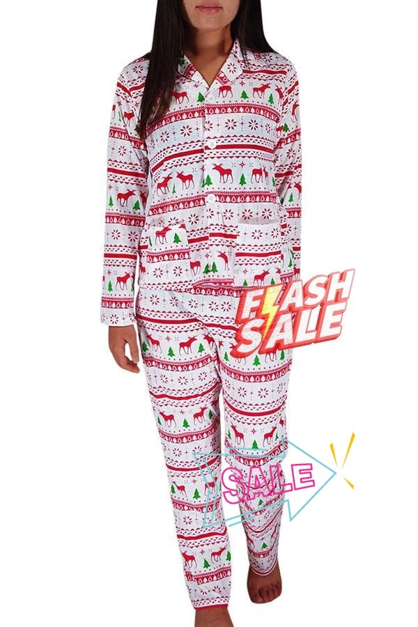 Womens Long Sleeve Reindeer Printed Two-piece Christmas Pajamas White