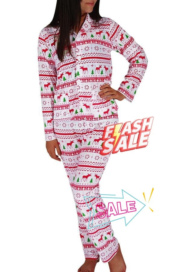 Womens Long Sleeve Reindeer Printed Two-piece Christmas Pajamas White