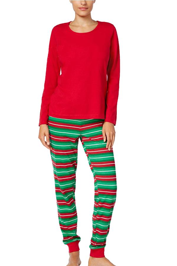 Womens Long Sleeve Striped Christmas Family Pajama Set Red