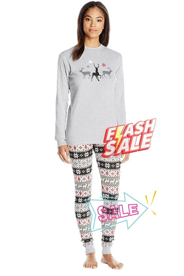 Womens Crew Neck Reindeer Snowflake Printed Christmas Pajama Set Gray