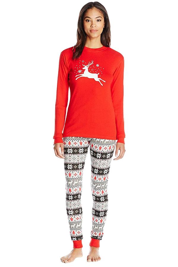 Womens Crew Neck Reindeer Snowflake Printed Christmas Pajama Set Red