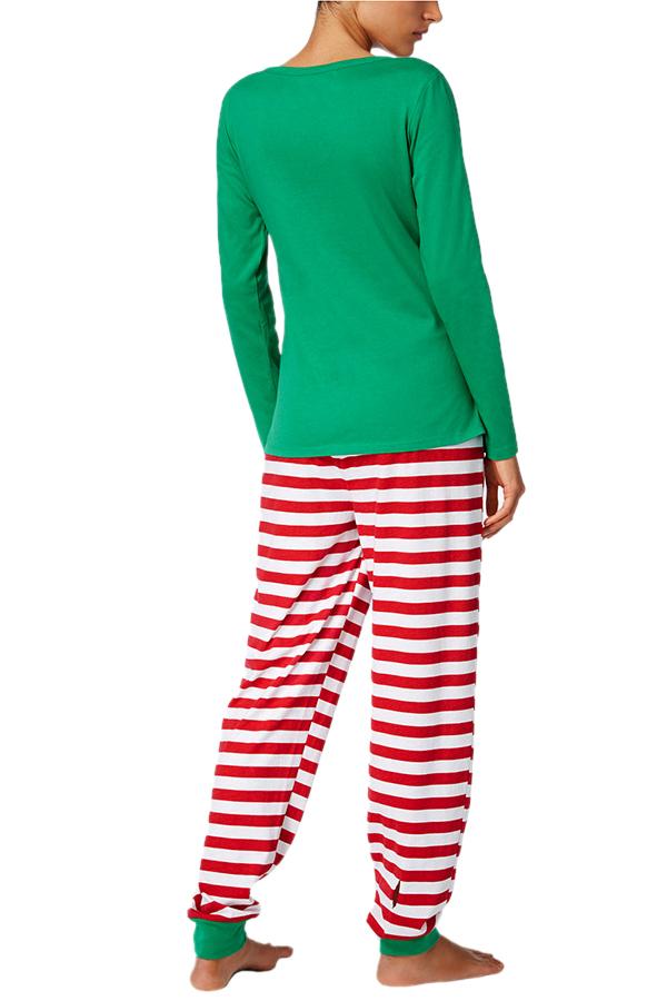 Womens Crew Neck Santa Stripe Printed Christmas Family Pajama Set Red