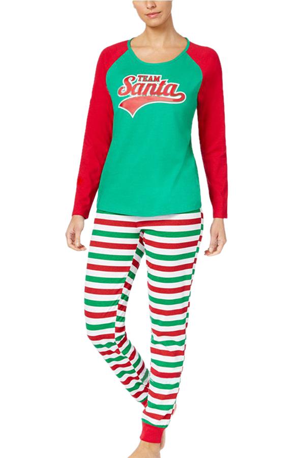 Womens Stripe Santa Printed Christmas Family Pajama Set Red