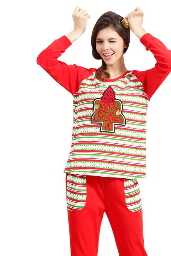 Womens Long Sleeve Striped Christmas Tree Printed Pajama Set Red