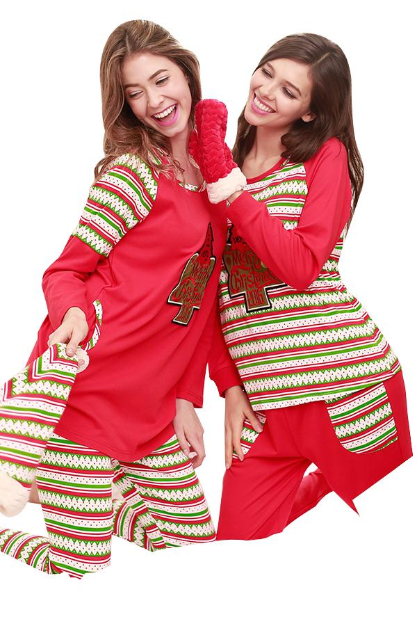 Womens Long Sleeve Striped Christmas Tree Printed Pajama Set Red