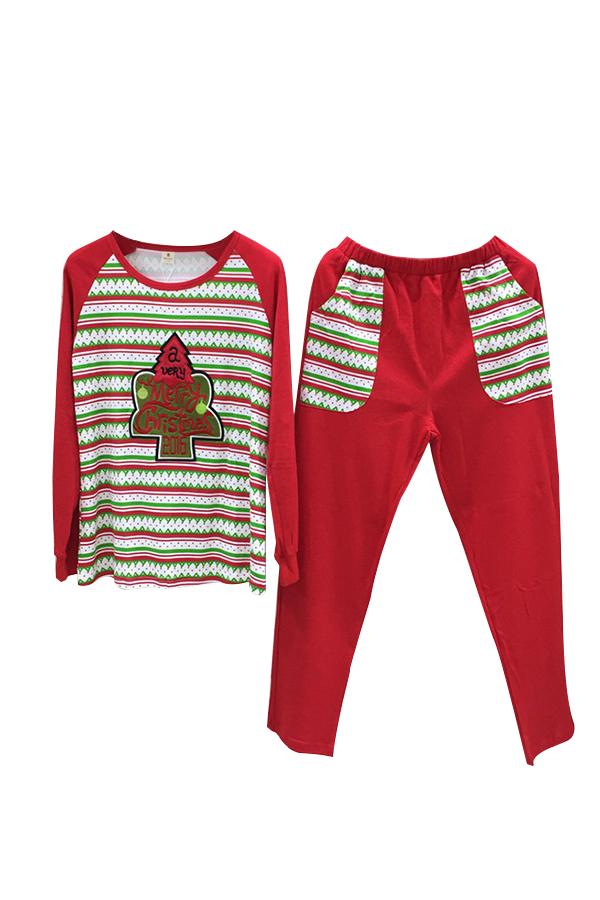 Womens Long Sleeve Striped Christmas Tree Printed Pajama Set Red