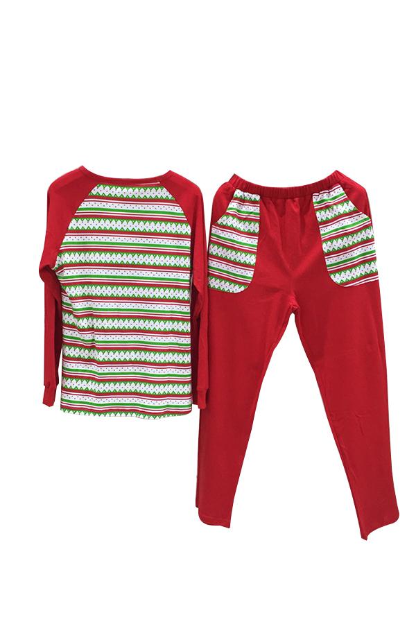 Womens Long Sleeve Striped Christmas Tree Printed Pajama Set Red