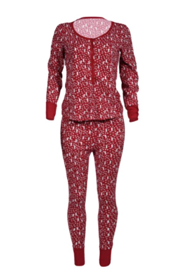 Womens V-Neck Button Reindeer Printed Christmas Long Pajama Set Ruby