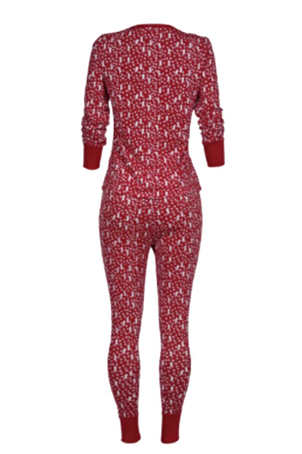 Womens V-Neck Button Reindeer Printed Christmas Long Pajama Set Ruby