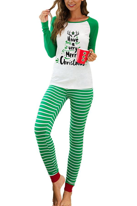 Womens Christmas Pajama Set Letter Print Oliver Green