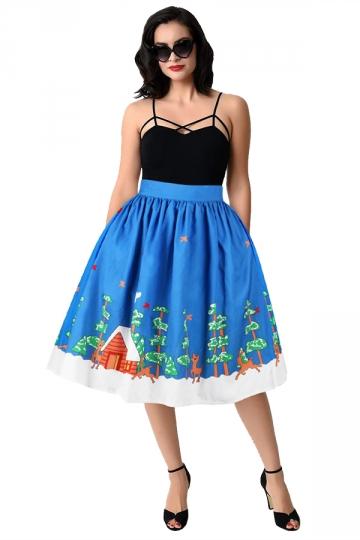 Womens Christmas Tree And Reindeer Printed Pleated Skirt Blue