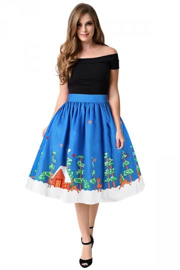 Womens Christmas Tree And Reindeer Printed Pleated Skirt Blue