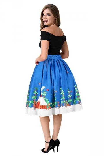 Womens Christmas Tree And Reindeer Printed Pleated Skirt Blue