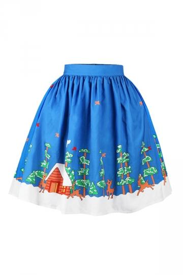 Womens Christmas Tree And Reindeer Printed Pleated Skirt Blue