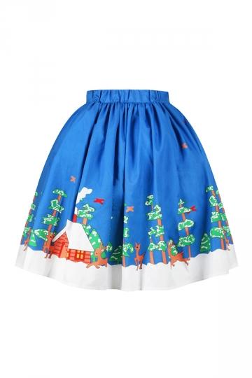 Womens Christmas Tree And Reindeer Printed Pleated Skirt Blue