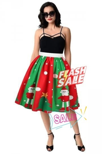 Womens Santa And Christmas Tree Printed Pleated Skirt Green