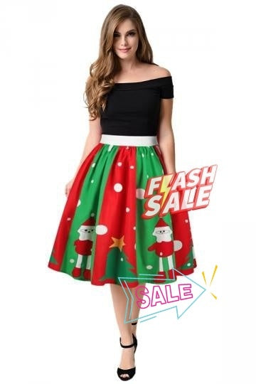 Womens Santa And Christmas Tree Printed Pleated Skirt Green