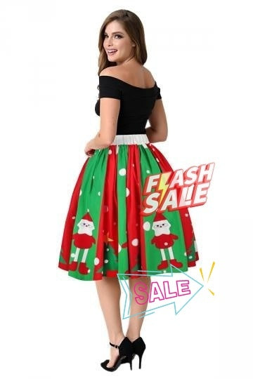 Womens Santa And Christmas Tree Printed Pleated Skirt Green